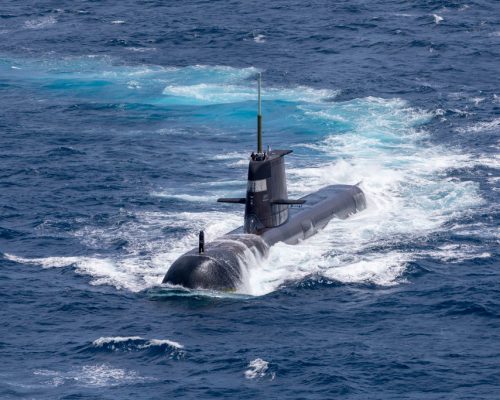 DARWIN, AUSTRALIA - SEPTEMBER 05: In this handout image provided by the Australian Defence Force, Royal Australian Navy submarine HMAS Rankin is seen during AUSINDEX 21, a biennial maritime exercise between the Royal Australian Navy and the Indian Navy on September 5, 2021 in Darwin, Australia. Australia, the United States and the United Kingdom have announced a new strategic defence partnership - known as AUKUS - to build a class of nuclear-propelled submarines and work together in the Indo-Pacific region. The new submarines will replace the Royal Australian Navy's existing Collins submarine fleet. (Photo by POIS Yuri Ramsey/Australian Defence Force via Getty Images)