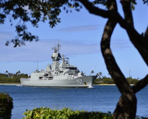 Pearl Harbor, June 28, 2012 -The Royal Australian Navy Anzac-class frigate HMAS Perth (FFH 157) transits the waters of Joint Base Pearl Harbor-Hickam during the biennial Rim of the Pacific (RIMPAC) exercise.